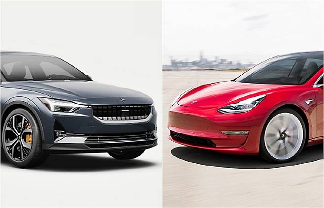폴스타2와 모델3 [사진출처=폴스타, 테슬라]