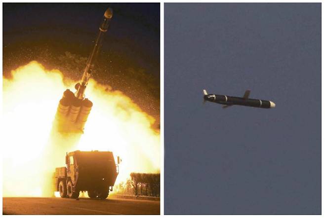 북한은 17일 새벽 평남 운천 일대에서 서해상으로 순항미사일 2발을 발사했다. 북한의 작년 9월 신형 장거리 순항미사일 시험발사 장면. [헤럴드DB]
