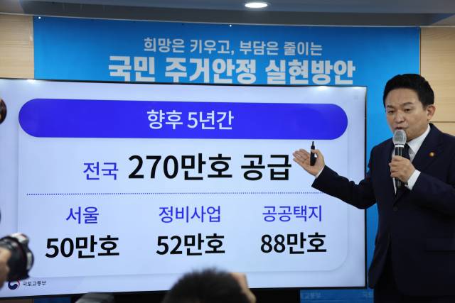 원희룡 국토교통부 장관이 16일 오전 정부서울청사 브리핑실에서 국민주거안정 실현방안인 주택공급계획을 발표하고 있다. /연합뉴스