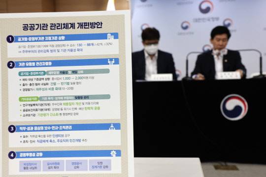 최상대 기획재정부 2차관이 18일 정부서울청사 브리핑실에서 공공기관 관리체계 개편방안을 브리핑하고 있다.<연합뉴스>