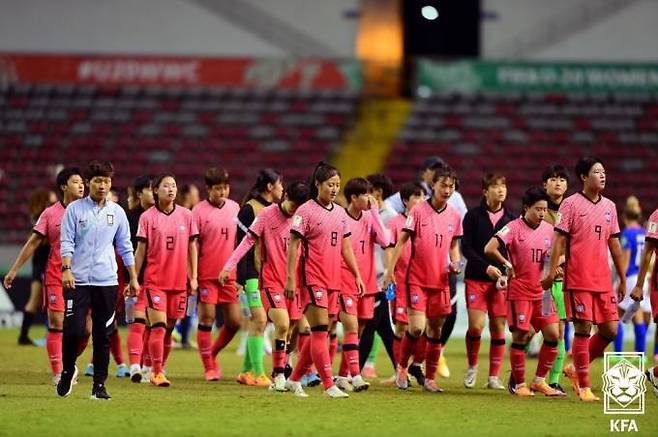 패배 후 아쉬워하는 U-20 여자 축구대표팀.   대한축구협회(KFA)