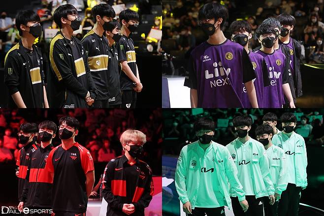 젠지, 리브 샌드박스, 담원 기아, T1(왼쪽 위부터 시계 방향).