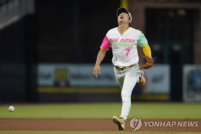 내야 안타에 아쉬움을 표출한 김하성  [AP=연합뉴스]