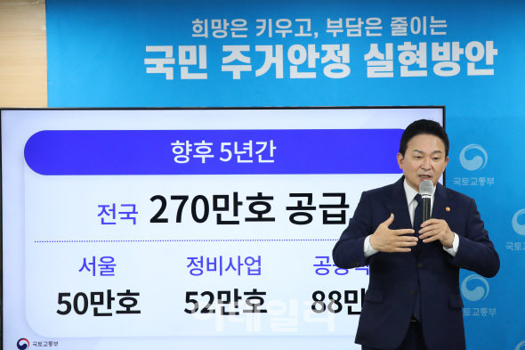 원희룡 국토교통부 장관이 지난 16일 오전 서울 종로구 정부서울청사에서 새 정부의 첫 주택공급대책에 대해 발표하고 있다. 원 장관은 이날 “향후 5년간 270만가구를 공급할 것”이라며 “이 중 서울 50만가구, 도심 정비사업 52만가구, 공공택지 88만가구가 공급된다”고 밝혔다. (사진=이영훈 기자)