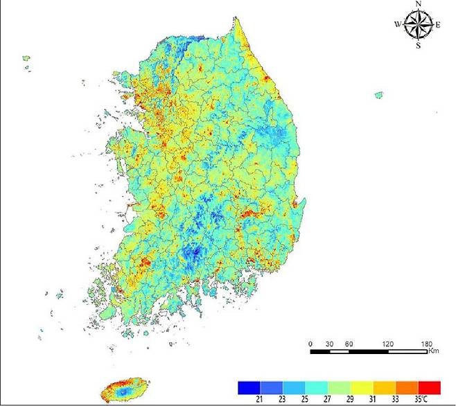2016∼20년 인공위성 열적외선 영상을 이용해 만든 여름철 전국 지표온도 지도. 국립환경과학원 제공