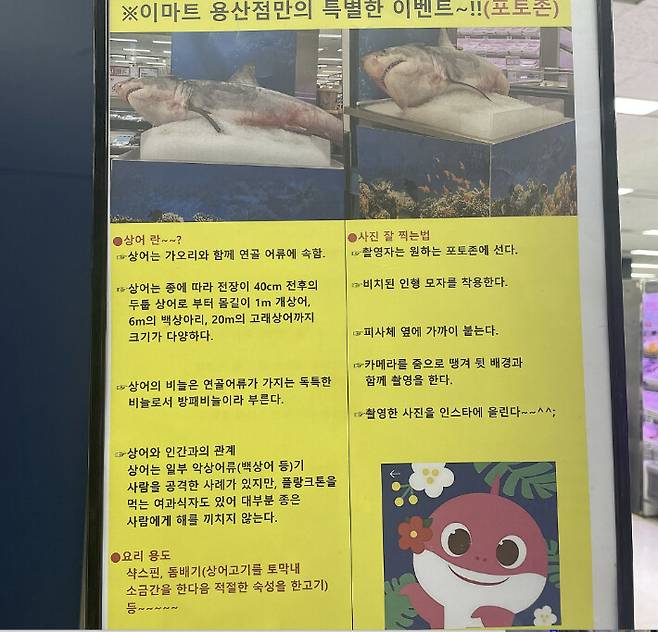 이마트 용산점이 상어 사체와 함께 사진을 찍어 SNS에 올리라고 권유하는 이벤트 안내문. 인터넷 갈무리