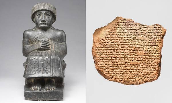 ‘구데아 왕의 상’(기원전 3000년쯤·왼쪽)과 쐐기문자로 쓴 ‘마르둑 찬가’(기원전 1000~1년). 국립중앙박물관 제공