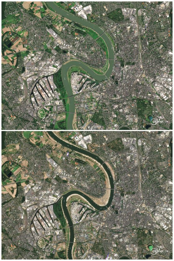 독일 뒤셀도르프 인근 라인 강의 유량 변화. 위 사진은 2021년 8월 14일에, 아래사진은 지난 13일 촬영한 것이다. 로이터=연합뉴스