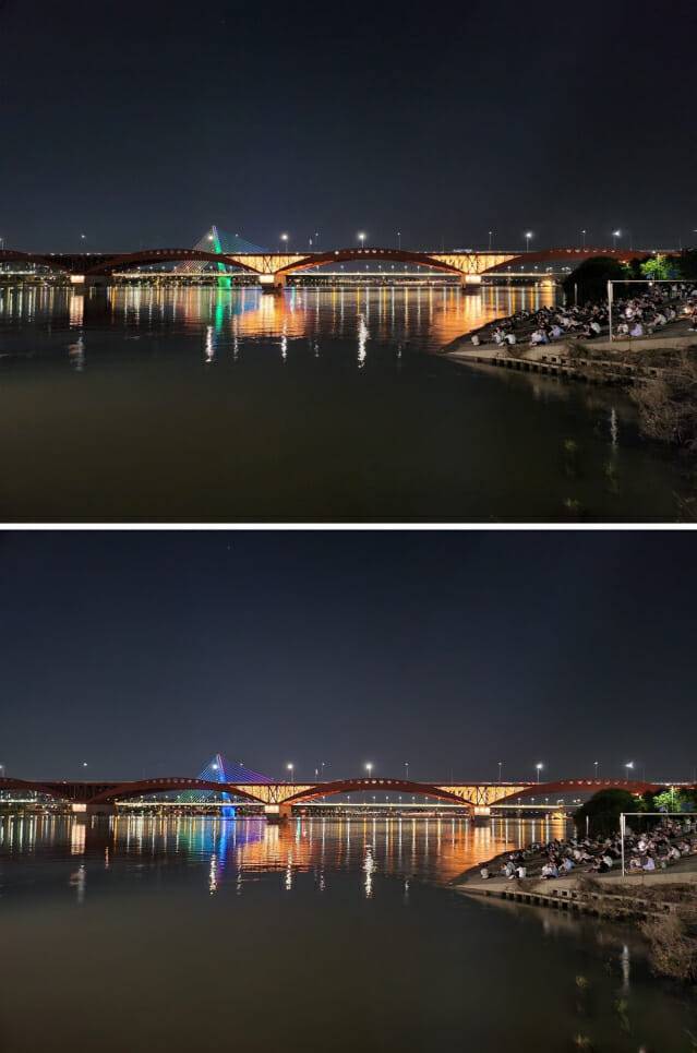 갤럭시Z플립4 일반 모드 촬영(위), 야간 모드 촬영(아래) 비교 (사진=지디넷코리아)