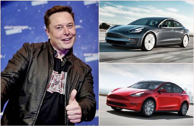 머스크와 테슬라 차량 [사진출처=매일경제DB, 테슬라]