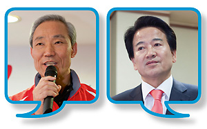 ⓒ시사IN 포토 국정원은 정동영 후보(위 오른쪽)의 과거 발언을 문제 삼는 트윗 등을 계속 올렸다. 상대인 김종훈 후보(왼쪽) 띄우기는 총선 당일까지 이어졌다.