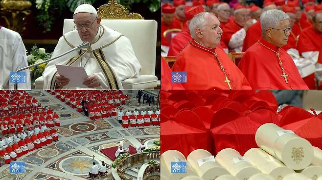 현지 시각으로 27일 바티칸의 성 베드로 대성전에서 열린 서임식이 열렸다. 유흥식 라자로(70) 교황청 성직자부 장관은 한국천주교 역사상 네번째로 추기경의 상징인 빨간색 사제 각모(비레타)를 썼다.(로마교황청 유투브 갈무리) ⓒ Dicasterium pro Communicatione