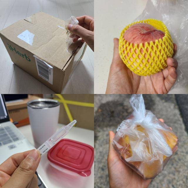 그린피스 플콕조사에 참여한 일주일간 예상치 못하게 배출하게 된 플라스틱 쓰레기들. 왼쪽 위부터 시계방향으로 택배 박스테이프, 과일 포장재, 빵집 포장비닐, 일회용 안약 용기. 곽주현 기자