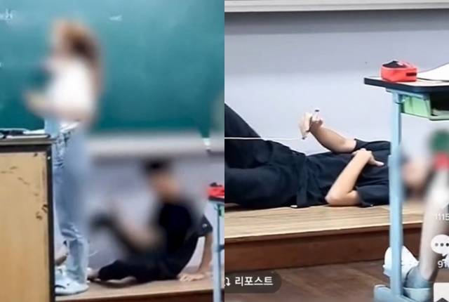 충남의 한 중학교에서 남학생이 수업시간에 교단으로 나가 스마트폰을 들고 드러누운 채 여성 교사를 촬영하고 있다. 틱톡 영상 캡처