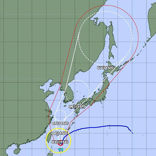 일본 기상청 제11호 태풍 '힌남노' 예상 경로 (사진=일본 기상청 캡처, 연합뉴스)