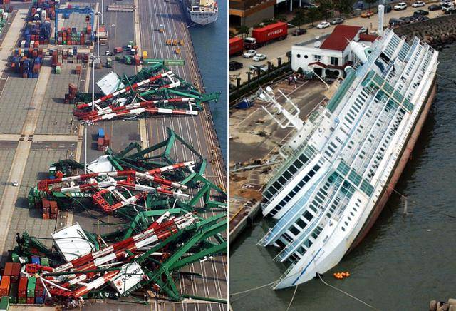 2003년 9월 16일 태풍 매미가 몰고 온 강풍으로 부산 감만부두의 대형 크레인이 힘없이 넘어져 있다(왼쪽). 그해 9월 13일 해운대구 자성대 부두에 정박해 있던 선박형 해상관광호텔이 태풍 매미의 강풍으로 기울어진 채 바닷물에 처박혀 있다. 부산=손용석기자·연합뉴스