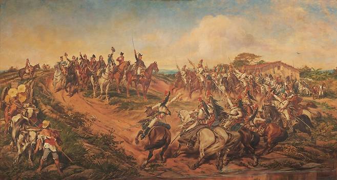 독립이 아니면 죽음을 왕세자 겸 섭정으로서 브라질을 통치하던 페드루는 1822년 9월 7일 상파울루주 이피랑가 강변에서 "독립이 아니면 죽음을"이라고 외쳤다. 이날은 브라질 독립기념일로 기려진다. 브라질 작가 페드루 아메리쿠 1888년 작. [이피랑가박물관 제공·재판매 및 DB 금지]