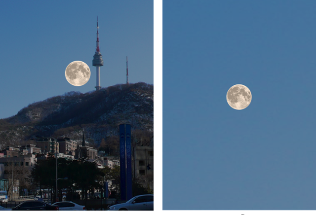 그림2. 낮게 뜬 달이 서울 남산타워 옆에서 크기가 비교됐을 때는 크게 보이지만, 천정에 홀로 뜬 달은 같은 크기인데도 더 작게 보인다. 왼쪽 사진은 이해를 돕기 위해 합성한 사진.ⓒ오성주