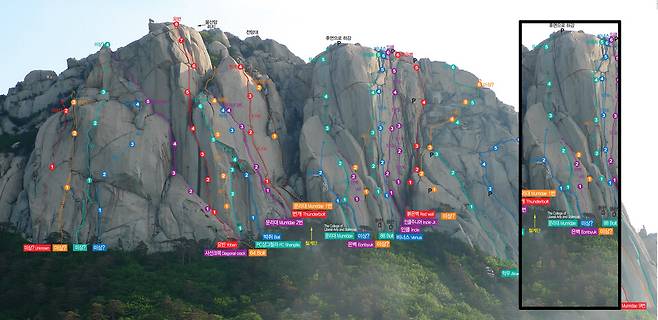 울산바위 개념도와 문리대길 루트도(오른쪽 검은색 박스).