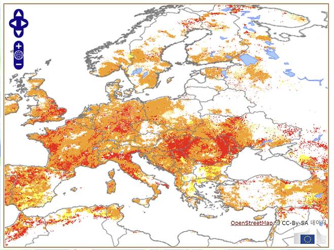 가뭄이 최악 수준이던 8월 11~20일 유럽의 지역별 피해현황 위성사진. 색이 붉어질수록 심각성이 크다는 의미다. 유럽연합 코페르니쿠스 관측시스템 웹페이지 캡쳐