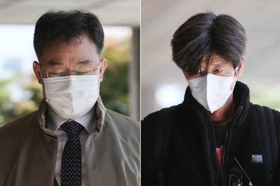 지난해 10월 28일 대장동 개발 로비·특혜 의혹 관련 화천대유 대주주 김만배 씨(왼쪽)와 남욱 변호사가 서울 서초구 중앙지검에 소환돼 출석하고 있다. 연합뉴스.