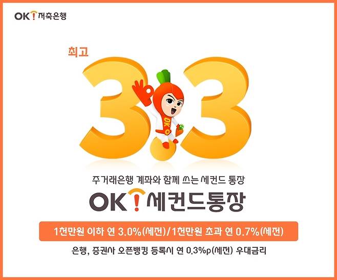 OK저축은행이 13일 연 3.3% 금리가 적용되는 입출금통장을 출시했다.  OK저축은행 제공