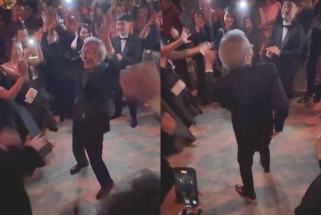 '오징어게임'의 배우 오영수가 12일(현지시간) 미국 에미상 애프터파티에서 팝 음악에 맞춰 춤을 추고 있다. 트위터 영상 캡처