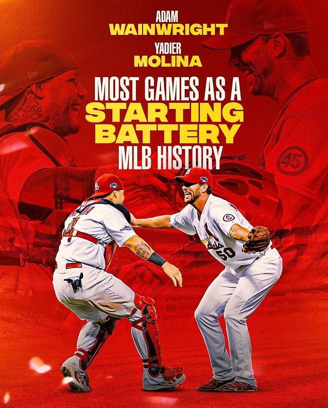 애덤 웨인라이트(오른쪽)와 야디에르 몰리나가 "애덤 웨인라이트와 야디에르 몰리나, MLB 역대 최다 선발 배터리 호흡"이라는 제목의 포스터에 등장한 모습. /MLB인스타그램