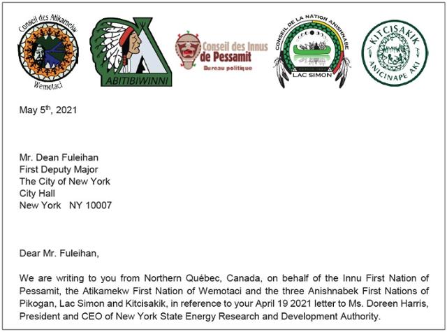 지난해 5월 캐나다의 원주민 단체 5곳이 뉴욕시에 보낸 서한입니다. 뉴욕시 제공