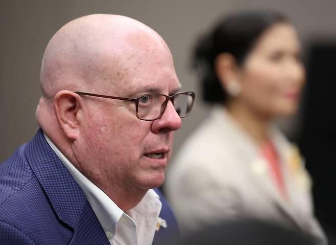 Maryland Gov. Larry Hogan speaks during a press conference in Seoul on Sept. 17, 2022. (Yonhap)