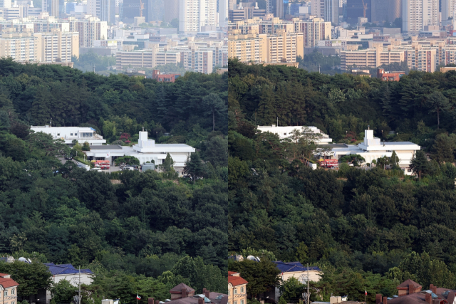 ▲21일 오후 윤석열 대통령과 김건희 여사가 입주할 예정인 서울 용산구 한남동 대통령 관저 주변에 큰 조경수가 심어져 있다. 왼쪽 사진은 지난달 28일 한남동 대통령 관저 모습. ⓒ연합뉴스