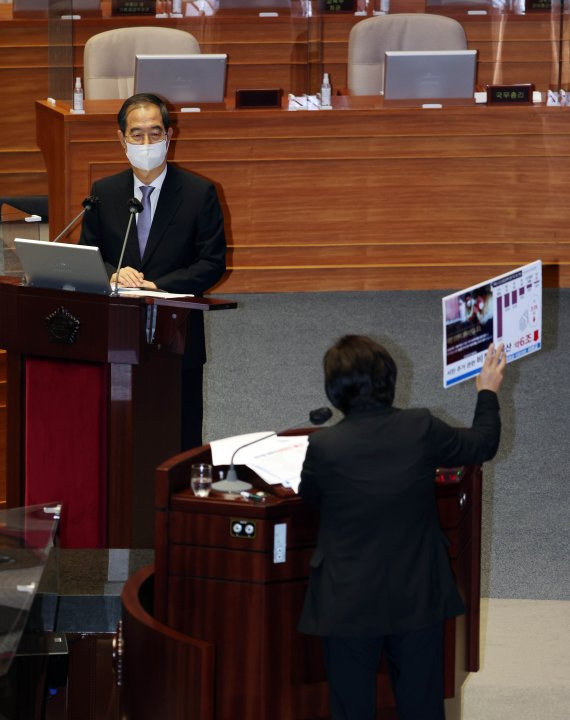 한덕수 국무총리(왼쪽)가 19일 오후 국회에서 열린 본회의에서 더불어민주당 서영교 의원의 질문을 받고 있다. 사진=공동취재단