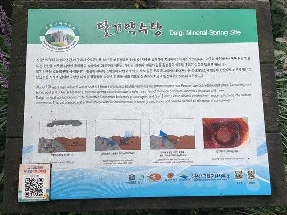 경북 청송군 청송읍 부곡리 달기약수 원탕에 설치돼 있는 안내판 모습. 김정석 기자