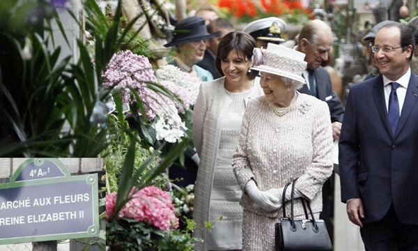 2014년 6월 엘리자베스 2세 영국 여왕(가운데)이 프랑스를 마지막으로 국빈방문했을 당시 파리 꽃시장을 구경하는 모습. 오른쪽은 프랑수아 올랑드 당시 프랑스 대통령, 왼쪽은 안 이달고 파리시장. 왼쪽 아래 작은 사진은 꽃시장 입구에 붙은 현판. ‘엘리자베스 2세 여왕 꽃시장’이라고 돼 있다. 파리=AP연합뉴스