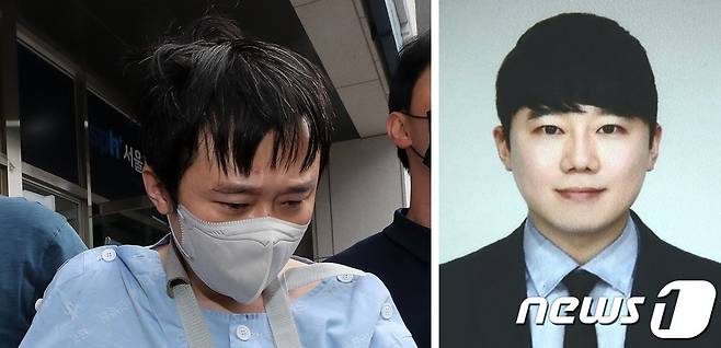 '신당역 살인' 피의자 전주환이 병원 치료를 마치고 호송되는 모습(왼쪽)과 경찰이 신상정보공개심의위원회를 통해 공개 결정한 전주환의 증명사진(오른쪽) ⓒ 뉴스1