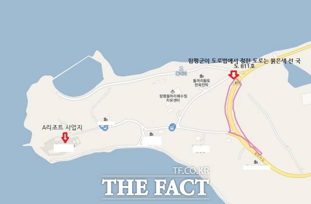 함평군은 A리조트 진입도로는 도로법에서 정한 도로로 볼 수 없고 국도811호선을 기준으로 해 국계법 시행규칙 별표2 제8호의 규칙을 적용해서는 안된다고 해명했다./카카오맵 캡처