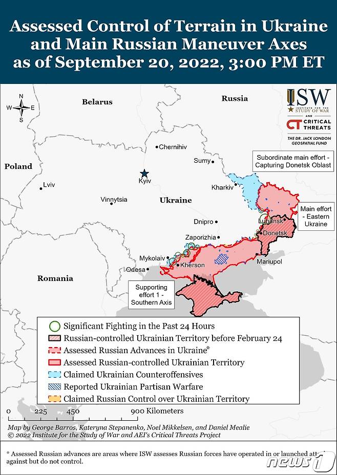 미 전쟁연구소(ISW)가 시각화 한 2022년 9월 20일자 우크라이나 전황. 파란색 표시 부분이 우크라이나가 탈환을 주장한 지역.