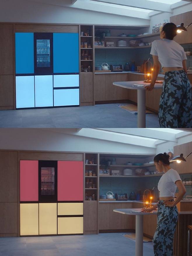 고객이 LG 씽큐 앱에서 원하는 컬러를 선택하면 냉장고 색상은 물론 공간 분위기까지 바뀌는 'LG 디오스 오브제컬렉션 무드업(MoodUp)'이 22일 국내 출시된다.모델이 LG씽큐 앱에서터치만으로 냉장고 색상을 변경하고 있다.ⓒLG전자