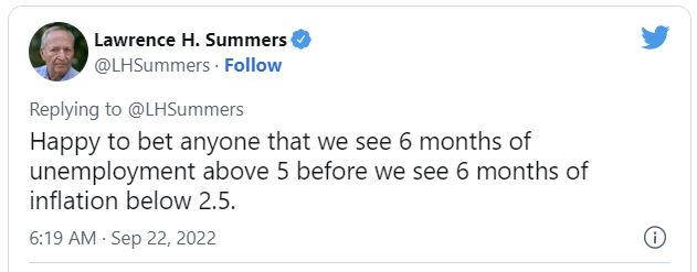 래리 서머스 미국 전 재무장관은 22일 자신의 트위터를 통해 인플레이션이 2.5% 밑으로 내려가기 전 실업률이 5% 이상 오를 것으로 예상했다. /사진=트위터