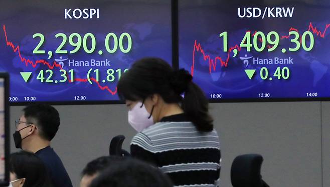 코스피가 2300선 밑으로 하락한 23일 서울 중구 하나은행 딜링룸에서 딜러들이 업무를 보고 있다.&nbsp; &nbsp;뉴시스