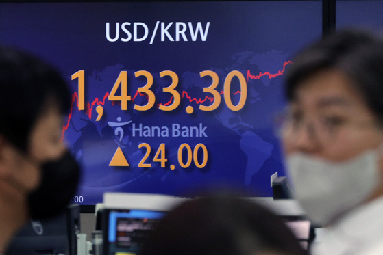 An electronic display board at Hana Bank in central bank shows won breaking 1,430 won in intraday trading on Monday. [YONHAP]