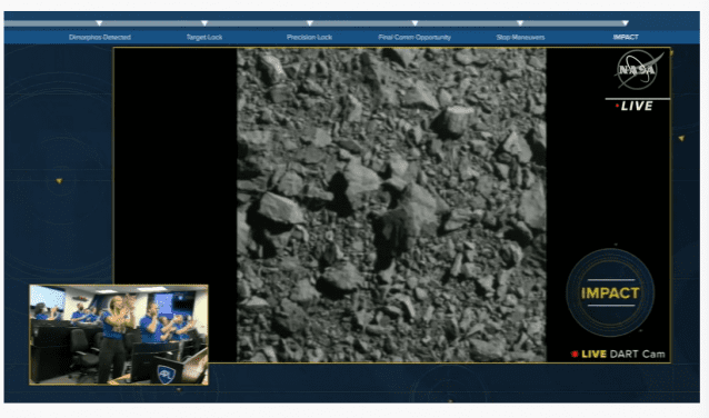 27일 다트 우주선이 소행성 디모포스에 충돌하기 직전 마지막으로 찍어 보낸 디모포스 표면 사진을 보며 NASA 연구진이 환호하고 있다. (사진=NASA 유튜브 캡처)