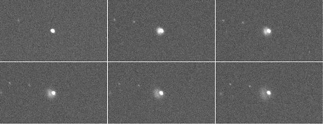 천문연 OWL-3호기 0.5미터 망원경으로 다트 탐사선 충돌 전후를 촬영한 영상. 1번은 충돌 직전 소행성 디모포스, 2~6번은 충돌 직후 먼지가 분출되는 모습. 사진=한국천문연구원