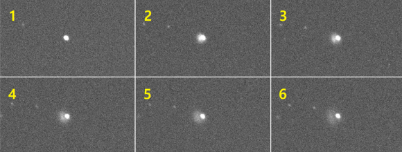 DART 탐사선 충돌 전후 촬영한 영상. 1번은 충돌 직전의 소행성 디모포스, 2~6번에서는 충돌 직후 먼지가 분출되는 모습을 볼 수 있다. [사진=천문연]