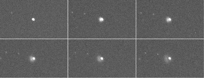미국항공우주국(NASA)의 다트(DART) 우주선 충돌 전후 촬영한 영상. 왼쪽 상단은 충돌 직전의 소행성 디모포스, 나머지 5개 사진은 충돌 직후 먼지가 분출되는 모습이 포착됐다. / 사진제공=한국천문연구원
