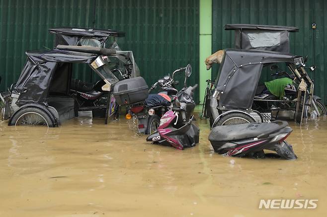 [산미구엘=AP/뉴시스] 26일(현지시간) 필리핀 불라칸주 산미구엘 마을에서 개 한 마리가 제16호 태풍 '노루'로 침수된 도로의 삼륜차에 올라 물을 피하고 있다. 2022.09.26.
