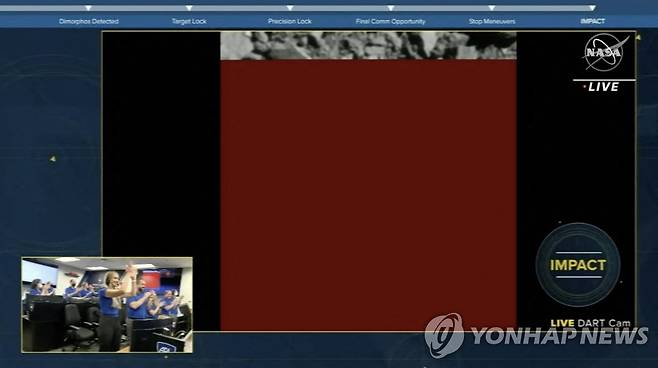 소행성 충돌 입증하는 우주선의 이미지 전송 중단 순간 (로럴 AFP=연합뉴스) 미국의 '쌍(雙) 소행성 궤도수정 실험'(DART) 우주선이 26일(현지시간) 지구로부터 약 1천100만㎞ 떨어진 심우주에서 목표 소행성 '다이모르포스'(Dimorphos)와 충돌한 직후 이미지 전송이 멈춘 화면 캡처. 미국항공우주국(NASA)은 이날 우주선이 '운동 충격체'(kinetic impactor)가 돼 시속 2만2천㎞(초속 6.1㎞)로 다이모르포스에 충돌하는 데 성공했다고 밝혔다. [NASA 제공] 2022.09.27 jsmoon@yna.co.kr