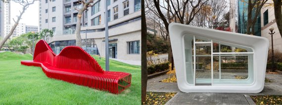 단지·주택 시공자동화 부문에서 혁신상을 수상한 현대건설의 3D프린팅 기술로 제작한 옥외용 벤치(왼쪽 사진)와 3D프린팅 비정형 거푸집으로 제작한 콘크리트 구조물. 현대건설 제공