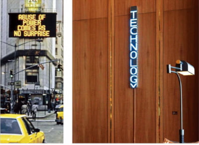 1982년 미국 뉴욕 타임스스퀘어에 걸린 제니 홀저의 작품(왼쪽)과 시그니엘 서울 로비에 있는 ‘트루 리빙’.