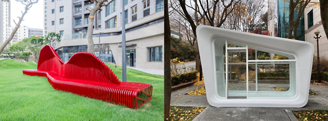 (왼쪽부터) 단지·주택분야 시공자동화 부문에서 혁신상을 수상한 3D프린팅 기술로 제작한 옥외용 벤치와 3D프린팅 비정형 거푸집으로 제작한 콘크리트 구조물 모습 [사진 = 현대건설]